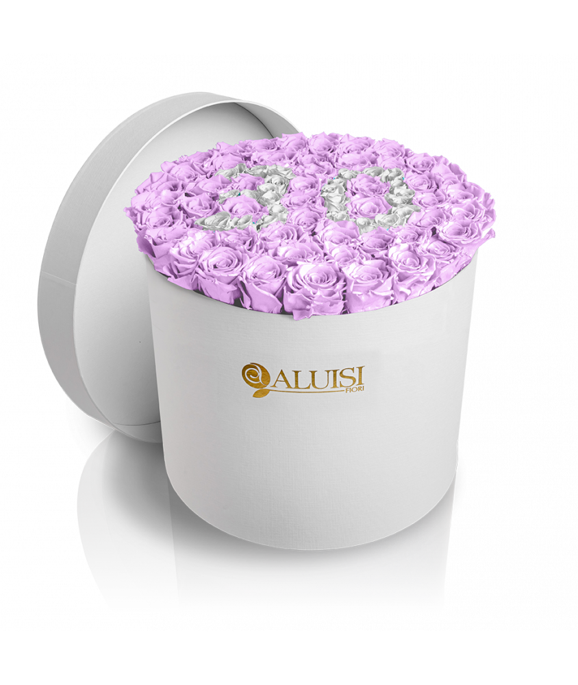 50 Rose Viola Stabilizzate Flower Box Personalizzabile